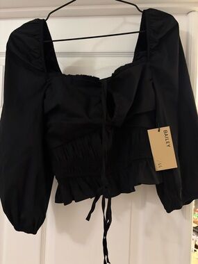 Bailey 44 Black Puff-Sleeve Tie-Front Blouse